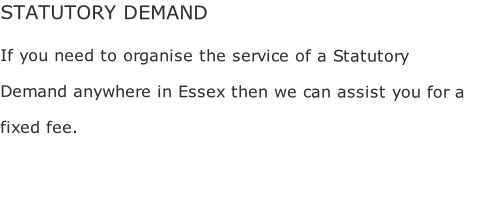 STATUTORY DEMAND
If you need to organise the service of a Statutory Demand anywhere in Essex then we can assist you for a fixed fee.

